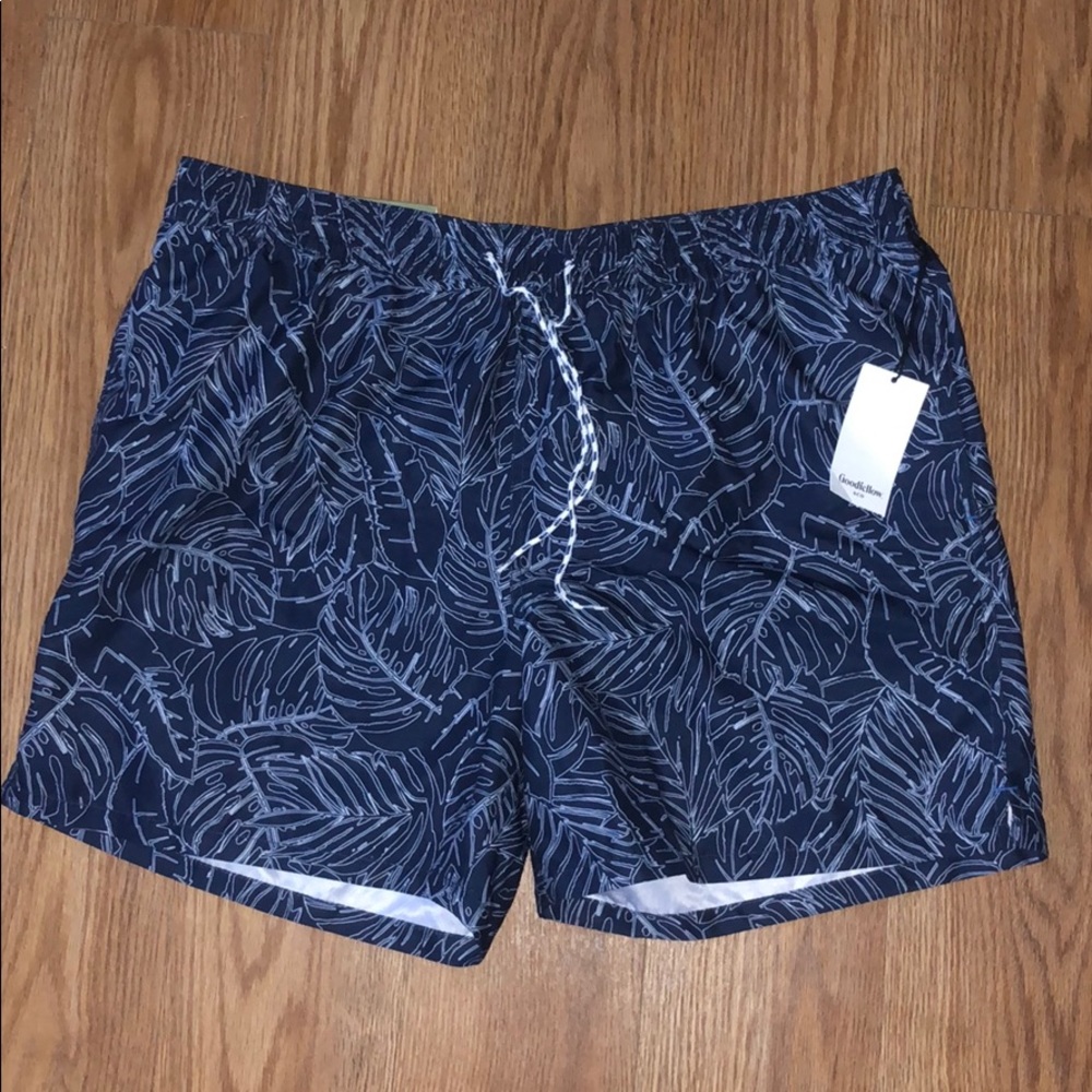 Navy Leaves Swim Trunks